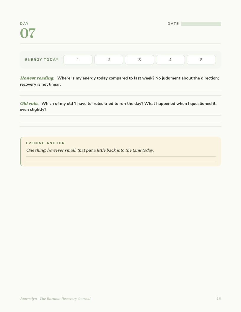 A sample interior page from Printable Burnout Recovery Journal