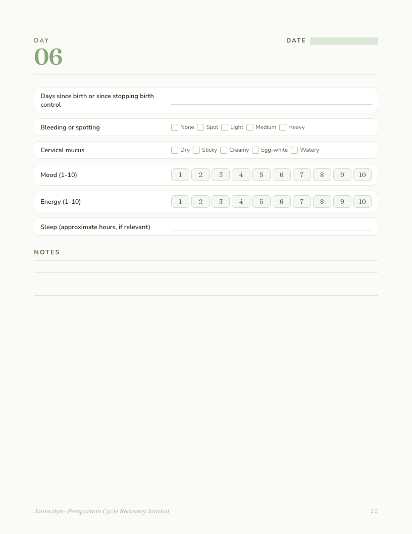 A sample interior page from Postpartum Cycle Recovery Journal
