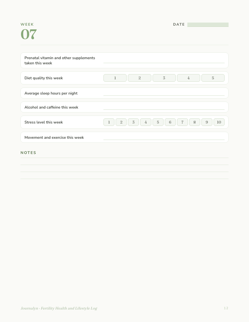 A sample interior page from Fertility Health Lifestyle Log
