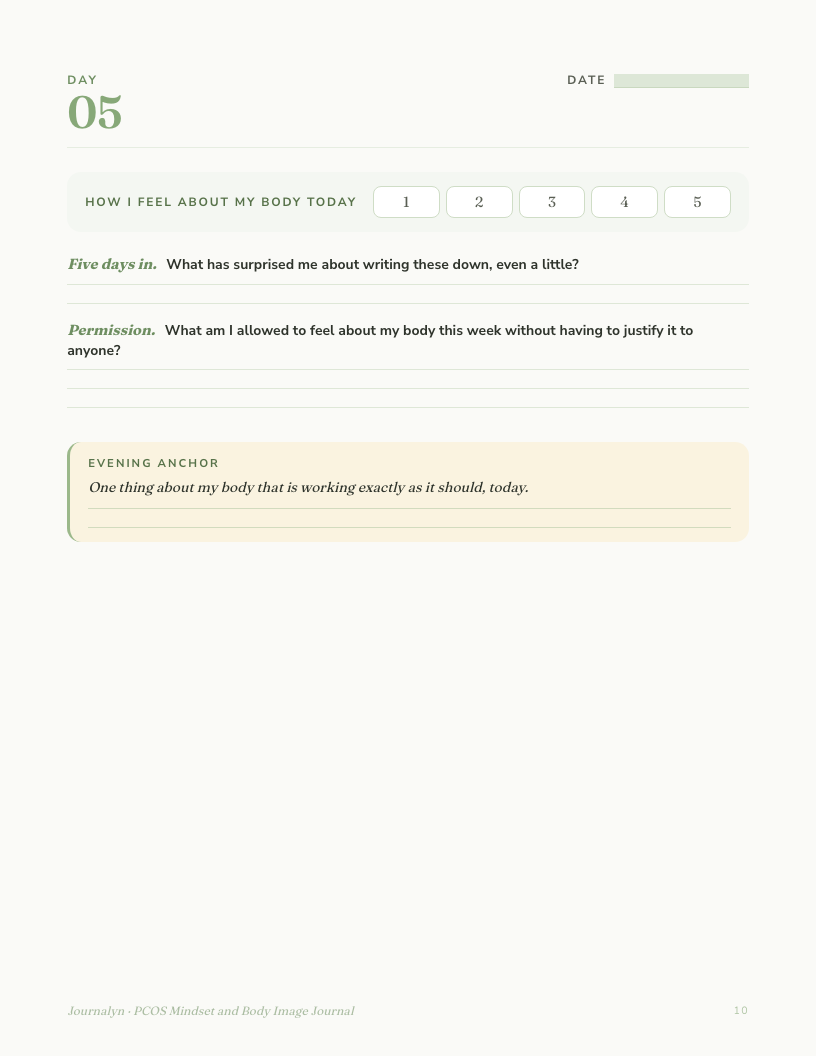 A sample interior page from Pcos Mindset Body Image Journal