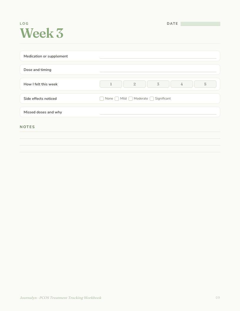 A sample interior page from Pcos Treatment Tracking Workbook