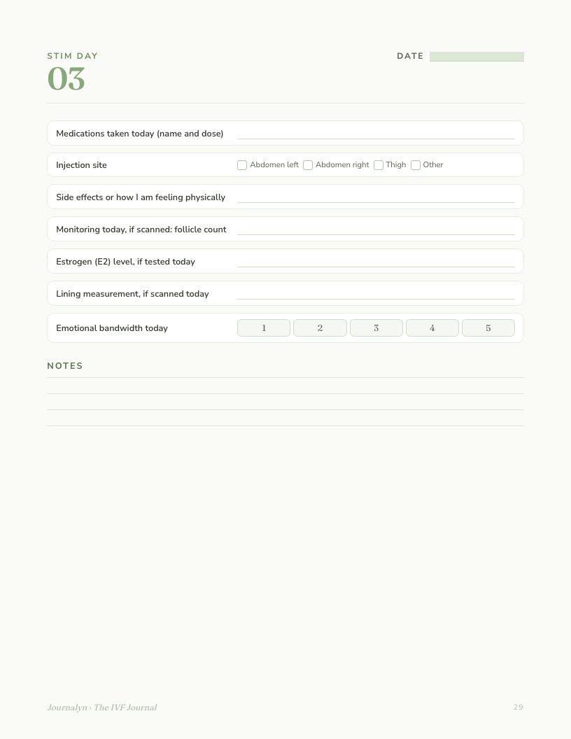A sample interior page from Printable Ivf Journal