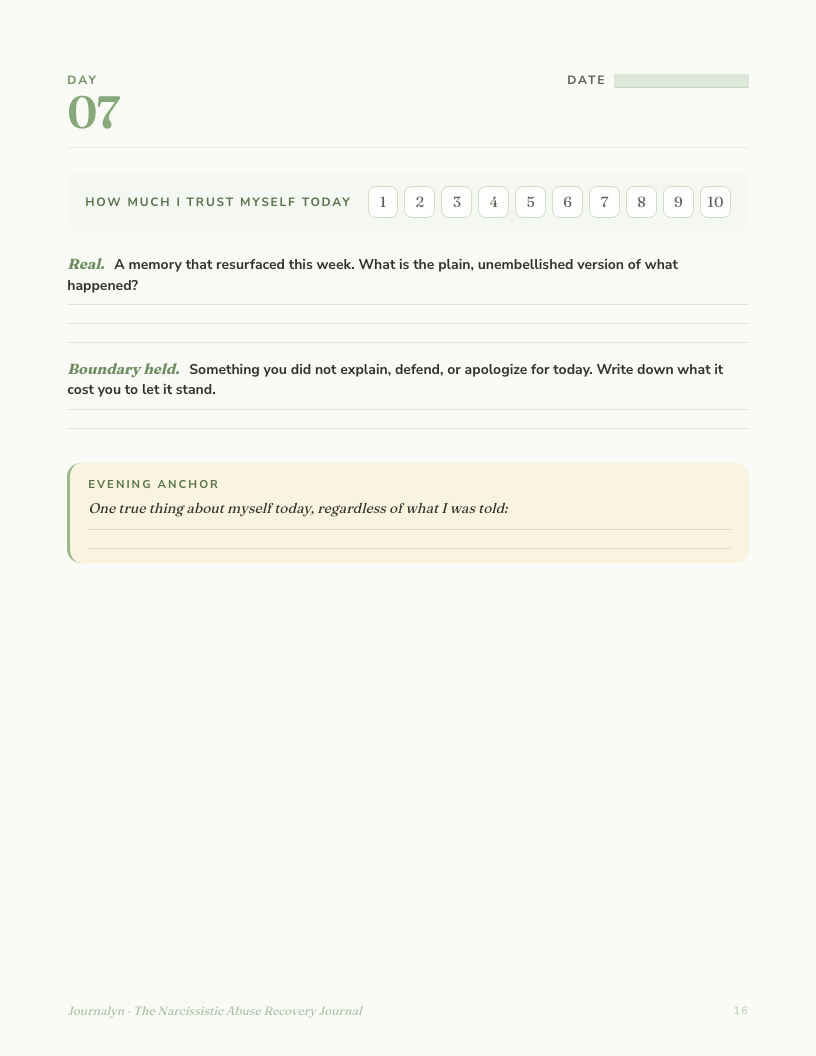 A sample interior page from Printable Narcissistic Abuse Recovery Journal