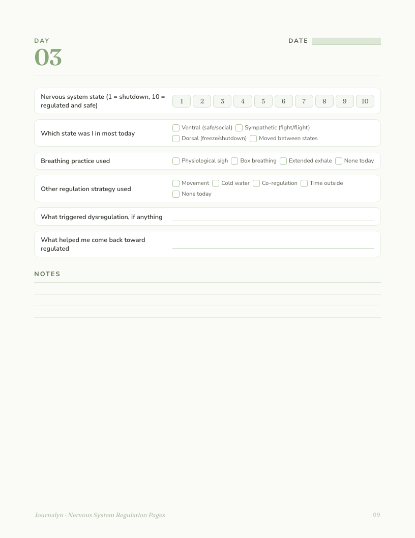 A sample interior page from Nervous System Regulation Pages